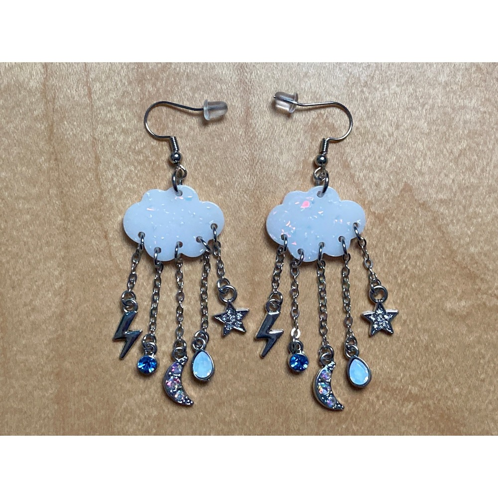 Rain Cloud Earrings Rhinestones Star Moon Crescent Lightning Bolt Thunder